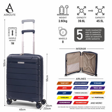 Aerolite Premium PP Expandable Cabin Suitcase 55x40x20cm to 55x40x23cm, Ryanair & Wizz Air Priority Max Size, Lightweight Polypropylene Hard Shell Carry-On with 4 Wheels & TSA Lock - Navy